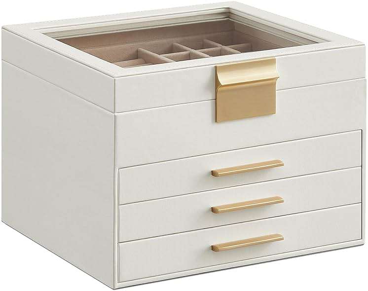 SONGMICS GISELLA Collection - Jewelry Box Organizer with Glass Lid, 4-Layer Jewelry Storage, with 3 Drawers, Modern Style, 8 x 9.1 x 6.5 Inches, Cloud White and Gold Color UJBC173W01 - Image 1