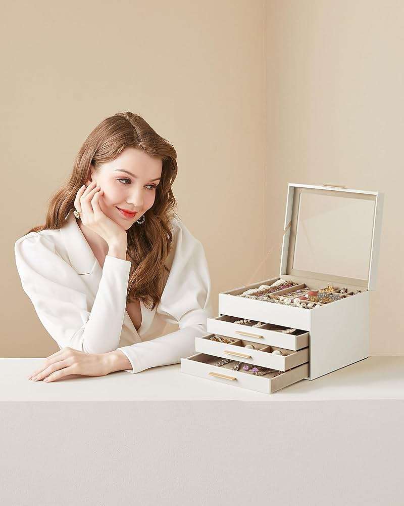 SONGMICS GISELLA Collection - Jewelry Box Organizer with Glass Lid, 4-Layer Jewelry Storage, with 3 Drawers, Modern Style, 8 x 9.1 x 6.5 Inches, Cloud White and Gold Color UJBC173W01 - Image 2
