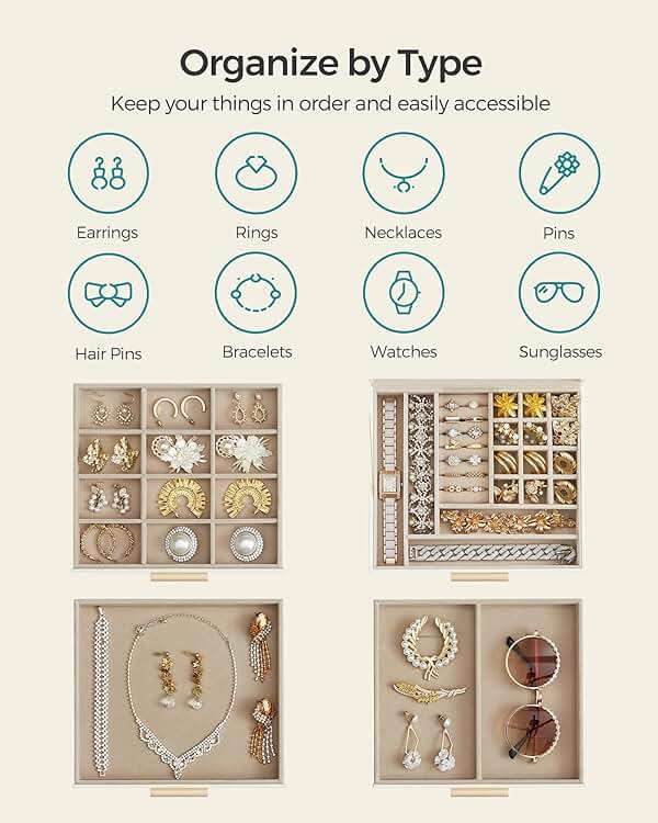 SONGMICS GISELLA Collection - Jewelry Box Organizer with Glass Lid, 4-Layer Jewelry Storage, with 3 Drawers, Modern Style, 8 x 9.1 x 6.5 Inches, Cloud White and Gold Color UJBC173W01 - Image 4