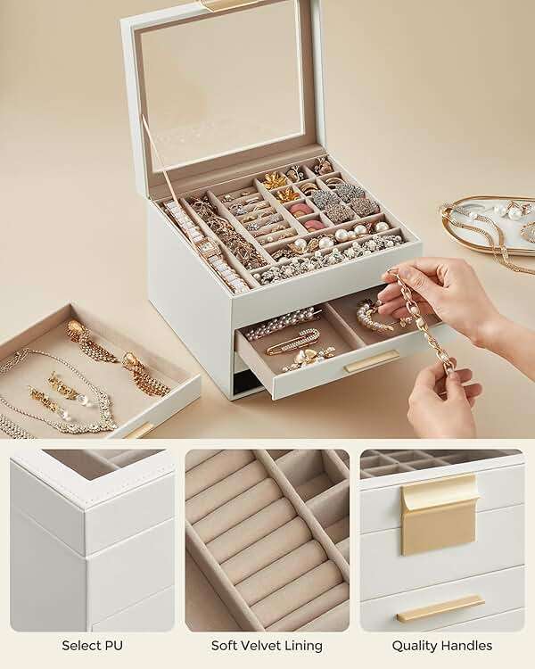 SONGMICS GISELLA Collection - Jewelry Box Organizer with Glass Lid, 4-Layer Jewelry Storage, with 3 Drawers, Modern Style, 8 x 9.1 x 6.5 Inches, Cloud White and Gold Color UJBC173W01 - Image 5