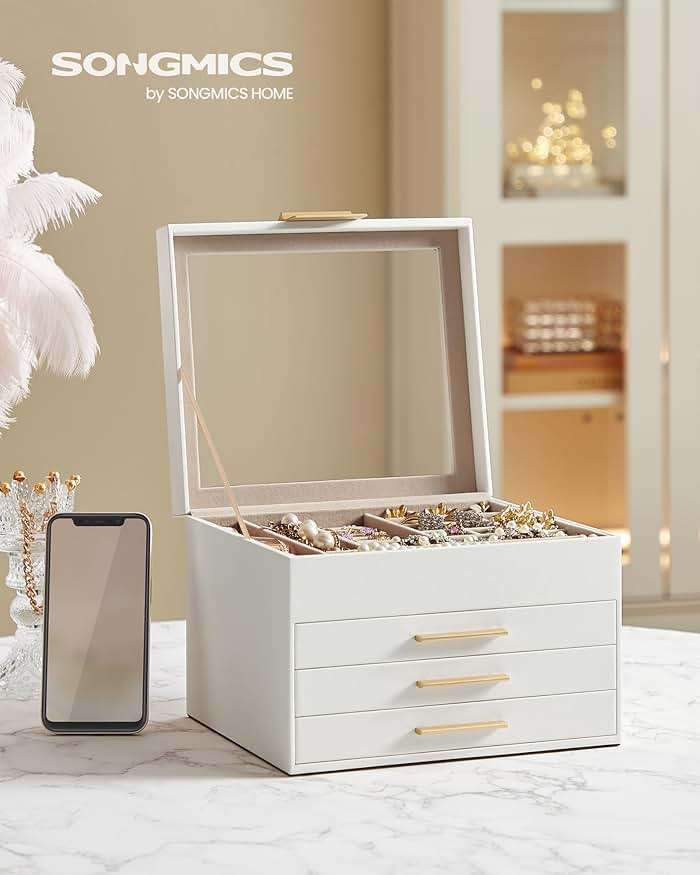 SONGMICS GISELLA Collection - Jewelry Box Organizer with Glass Lid, 4-Layer Jewelry Storage, with 3 Drawers, Modern Style, 8 x 9.1 x 6.5 Inches, Cloud White and Gold Color UJBC173W01 - Image 7