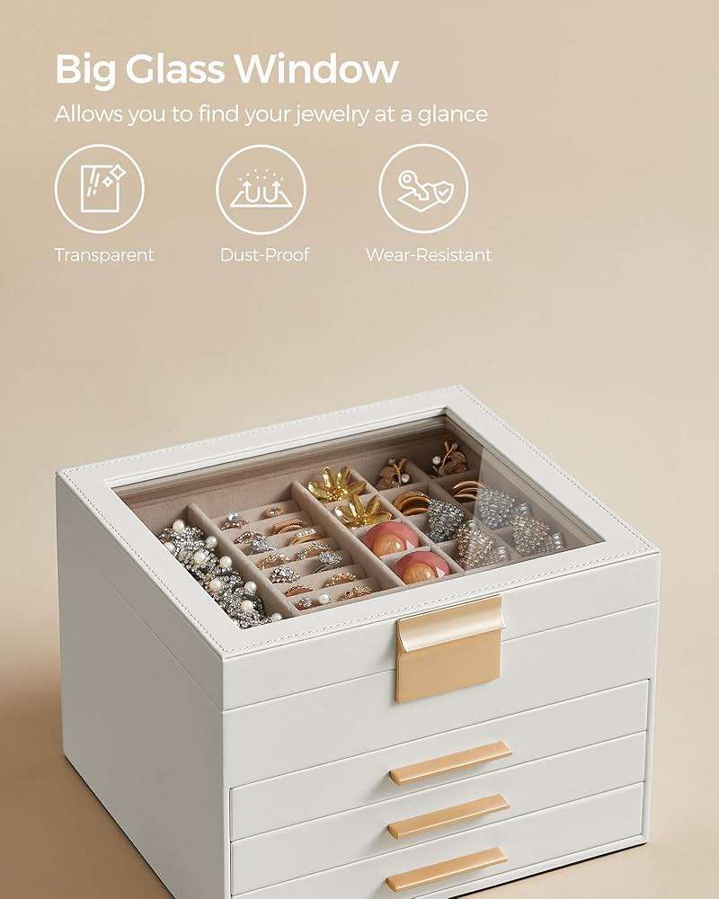 SONGMICS GISELLA Collection - Jewelry Box Organizer with Glass Lid, 4-Layer Jewelry Storage, with 3 Drawers, Modern Style, 8 x 9.1 x 6.5 Inches, Cloud White and Gold Color UJBC173W01 - Image 8