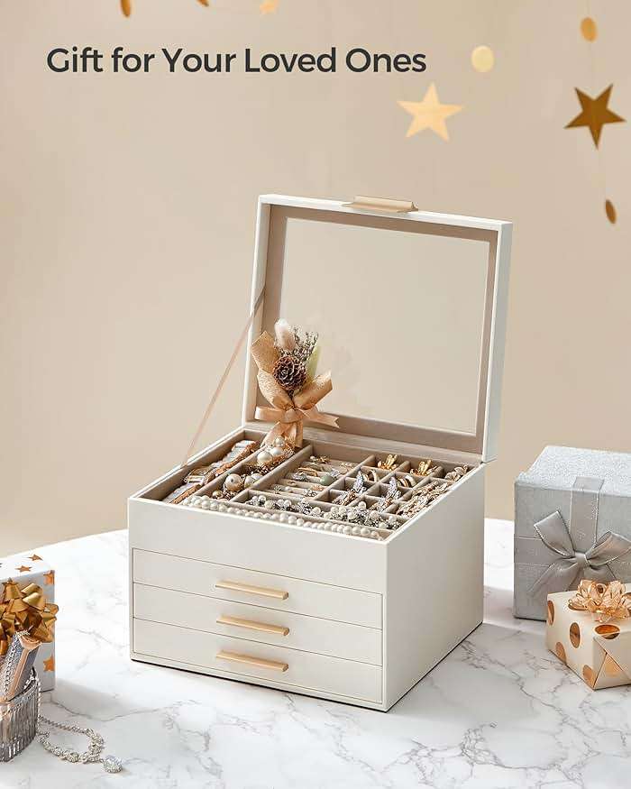 SONGMICS GISELLA Collection - Jewelry Box Organizer with Glass Lid, 4-Layer Jewelry Storage, with 3 Drawers, Modern Style, 8 x 9.1 x 6.5 Inches, Cloud White and Gold Color UJBC173W01 - Image 9