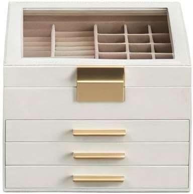 SONGMICS GISELLA Collection - Jewelry Box Organizer with Glass Lid, 4-Layer Jewelry Storage, with 3 Drawers, Modern Style, 8 x 9.1 x 6.5 Inches, Cloud White and Gold Color UJBC173W01 - Image 10