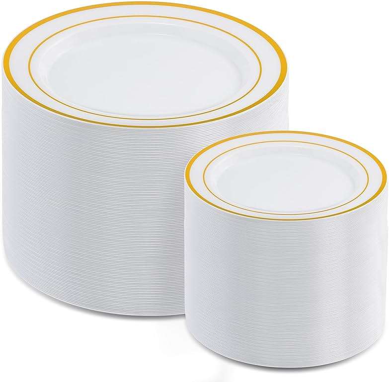 AOZITA 200PCS Gold Plastic Plates Set, Heavy Duty Disposable Plates for Party & Wedding, Includes 100 Dinner Plates and 100 Dessert Salad Plates, Elegant White with Gold Rim Dinnerware - Image 1