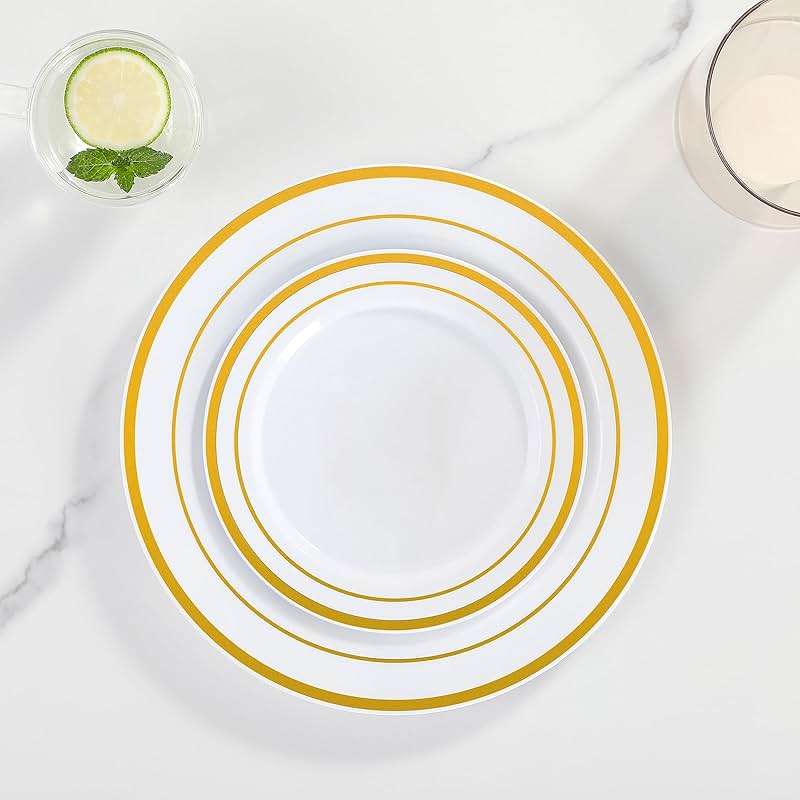 AOZITA 200PCS Gold Plastic Plates Set, Heavy Duty Disposable Plates for Party & Wedding, Includes 100 Dinner Plates and 100 Dessert Salad Plates, Elegant White with Gold Rim Dinnerware - Image 2