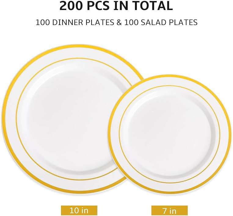 AOZITA 200PCS Gold Plastic Plates Set, Heavy Duty Disposable Plates for Party & Wedding, Includes 100 Dinner Plates and 100 Dessert Salad Plates, Elegant White with Gold Rim Dinnerware - Image 3