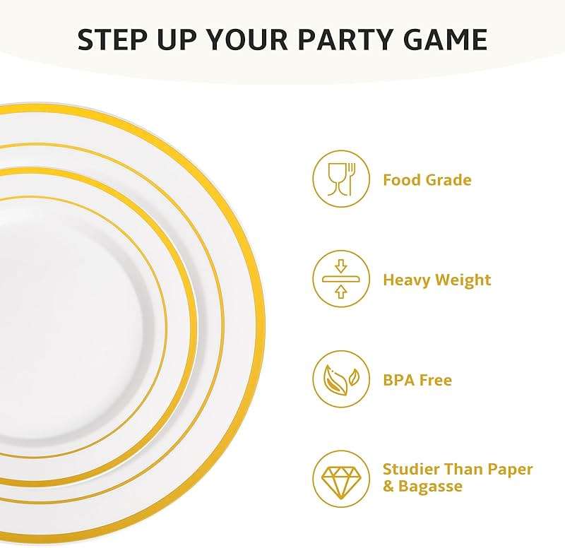 AOZITA 200PCS Gold Plastic Plates Set, Heavy Duty Disposable Plates for Party & Wedding, Includes 100 Dinner Plates and 100 Dessert Salad Plates, Elegant White with Gold Rim Dinnerware - Image 4
