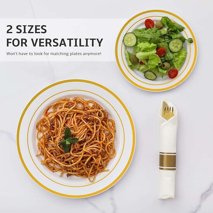 AOZITA 200PCS Gold Plastic Plates Set, Heavy Duty Disposable Plates for Party & Wedding, Includes 100 Dinner Plates and 100 Dessert Salad Plates, Elegant White with Gold Rim Dinnerware - Image 5