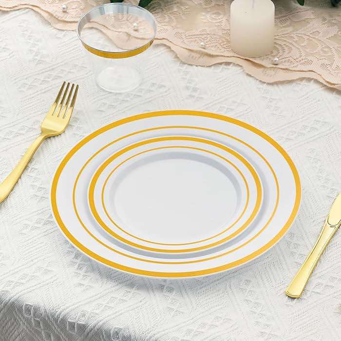 AOZITA 200PCS Gold Plastic Plates Set, Heavy Duty Disposable Plates for Party & Wedding, Includes 100 Dinner Plates and 100 Dessert Salad Plates, Elegant White with Gold Rim Dinnerware - Image 6