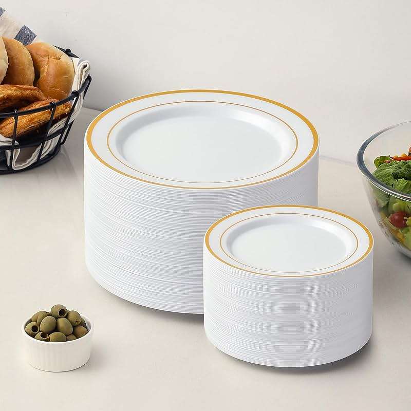 AOZITA 200PCS Gold Plastic Plates Set, Heavy Duty Disposable Plates for Party & Wedding, Includes 100 Dinner Plates and 100 Dessert Salad Plates, Elegant White with Gold Rim Dinnerware - Image 7