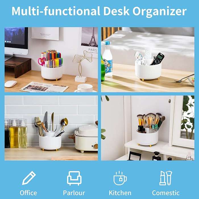 Marbrasse Desk Organizer, 360-Degree Rotating Pen Holder, Desk Organizers and Accessories with 5 Compartments Pencil Holder, Art Supply Storage Box Caddy for Office, Home（White） - Image 3