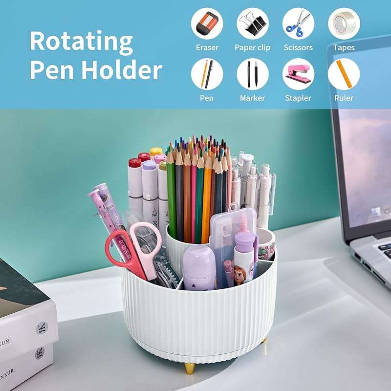 Marbrasse Desk Organizer, 360-Degree Rotating Pen Holder, Desk Organizers and Accessories with 5 Compartments Pencil Holder, Art Supply Storage Box Caddy for Office, Home（White） - Image 4