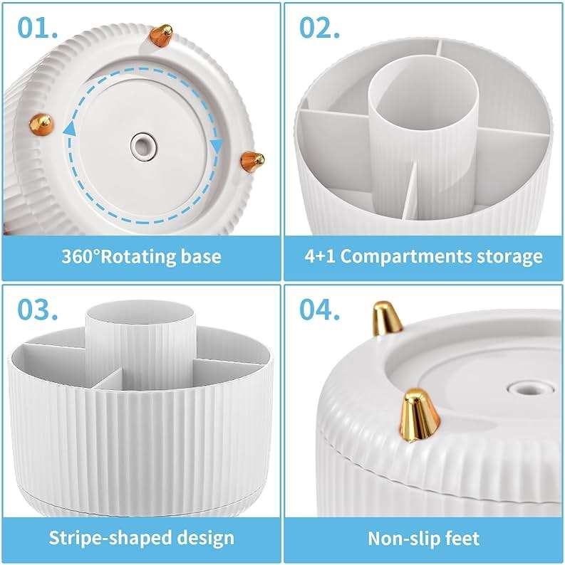 Marbrasse Desk Organizer, 360-Degree Rotating Pen Holder, Desk Organizers and Accessories with 5 Compartments Pencil Holder, Art Supply Storage Box Caddy for Office, Home（White） - Image 5