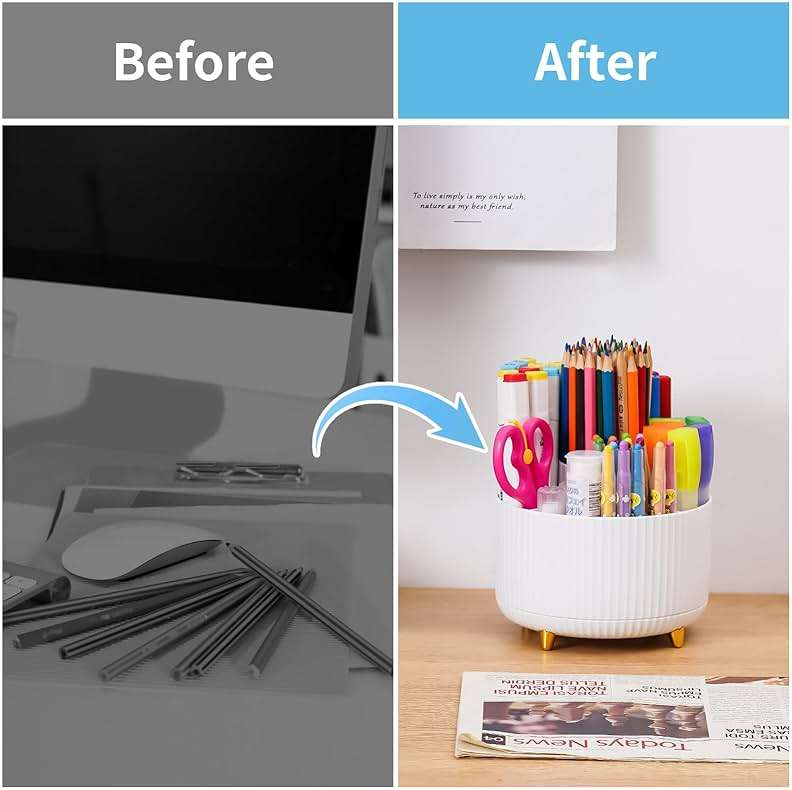 Marbrasse Desk Organizer, 360-Degree Rotating Pen Holder, Desk Organizers and Accessories with 5 Compartments Pencil Holder, Art Supply Storage Box Caddy for Office, Home（White） - Image 7