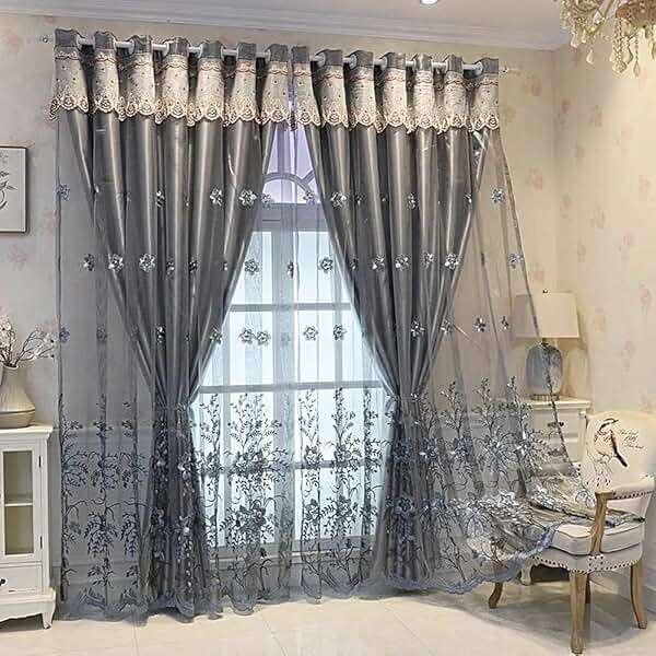 Amidoudou 1 Pair European Double Layer Curtains for Living Room Bedroom Luxury Flower Embroidered Curtains with Valance (Grey,54x96 Inch) - Image 1