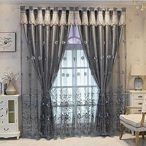 Amidoudou 1 Pair European Double Layer Curtains for Living Room Bedroom Luxury Flower Embroidered Curtains with Valance (Grey,54x96 Inch) - Image 3