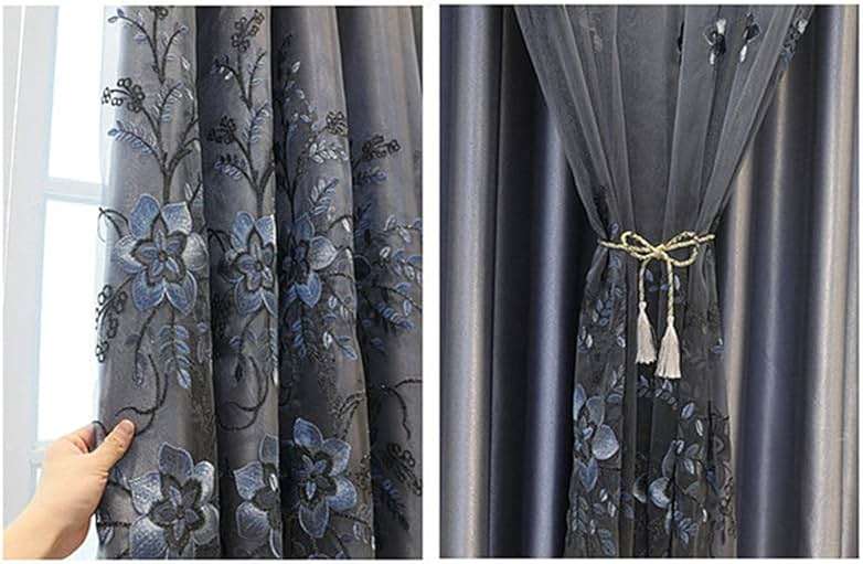 Amidoudou 1 Pair European Double Layer Curtains for Living Room Bedroom Luxury Flower Embroidered Curtains with Valance (Grey,54x96 Inch) - Image 4