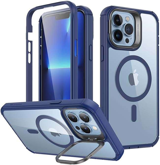 ESR for iPhone 13 Pro Max Case with Stand, Compatible with MagSafe, Full-Body Military-Grade Drop Proof Case with Built-in 9H+ Tempered Glass Screen Protector, Armor Series, Clear Dark Blue - Image 1
