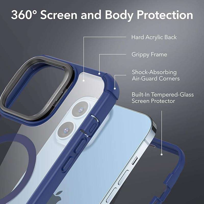 ESR for iPhone 13 Pro Max Case with Stand, Compatible with MagSafe, Full-Body Military-Grade Drop Proof Case with Built-in 9H+ Tempered Glass Screen Protector, Armor Series, Clear Dark Blue - Image 3