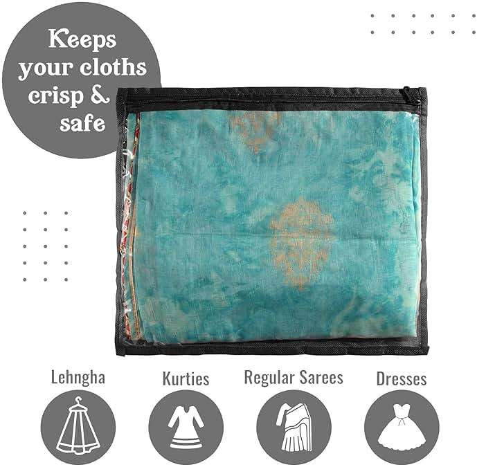 Kuber Industries Non Woven Foldable Saree Covers With Zip|Single Saree Storage Bags|Clothes Organiser For Wardrobe|Transparent Top With Premium Zipper|Pack Of 24 (Black) - Image 5