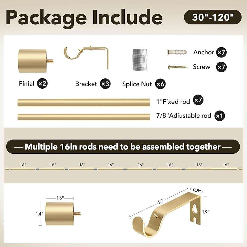 IFELS Heavy Duty Curtain Rods for Windows 66 to 120 Inch, 1 Inch Gold Curtain Rod Adjustable, Decorative Long Curtains Rods with Metal Finials, Easy Installation and Modern Design (A2,Gold,30"-120") - Image 4