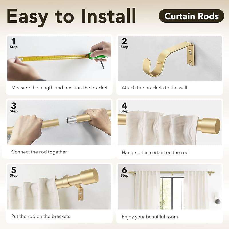 IFELS Heavy Duty Curtain Rods for Windows 66 to 120 Inch, 1 Inch Gold Curtain Rod Adjustable, Decorative Long Curtains Rods with Metal Finials, Easy Installation and Modern Design (A2,Gold,30"-120") - Image 7