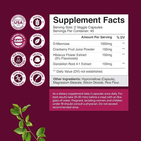 D Mannose Capsules for Urinary Tract Health - High Potency D-Mannose with Cranberry Juice Powder & Dandelion for Urinary Tract Health for Women Fast Acting Super Concentrated Cranberry - 90 Count - Image 2