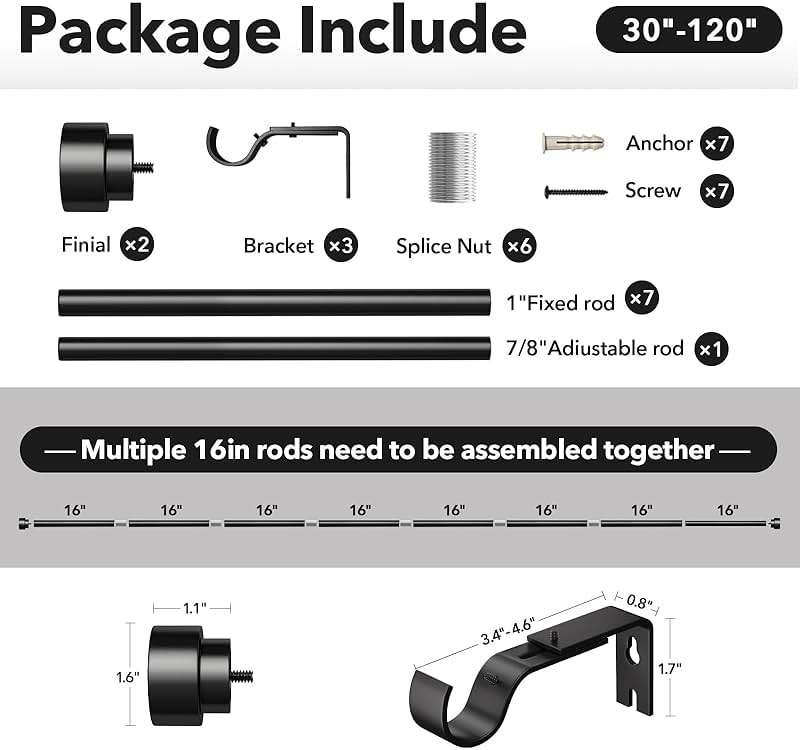 IFELS Heavy Duty Curtain Rods for Windows 66 to 120 Inch,1 Inch Adjustable Black Curtain Rod with Easy Installation and Modern Design,Decorative Long Drapery Rods with Metal Finials (A1,Black,30-120") - Image 4