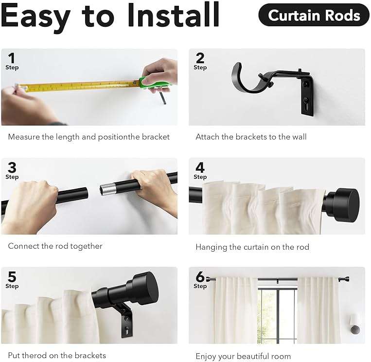 IFELS Heavy Duty Curtain Rods for Windows 66 to 120 Inch,1 Inch Adjustable Black Curtain Rod with Easy Installation and Modern Design,Decorative Long Drapery Rods with Metal Finials (A1,Black,30-120") - Image 7