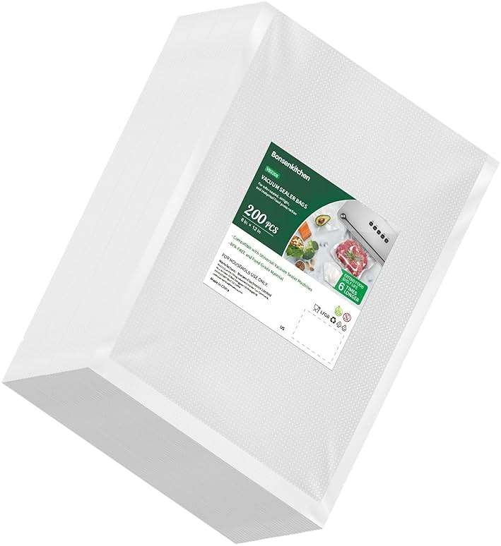 Bonsenkitchen Precut Vacuum Sealer Bags 200 Quart 8" x 12", BPA Free, Commercial Grade Textured Food Vacuum Sealer Bag, Thick Embossed Bags for Storage and Sous Vide Cooking VB3208 - Image 1