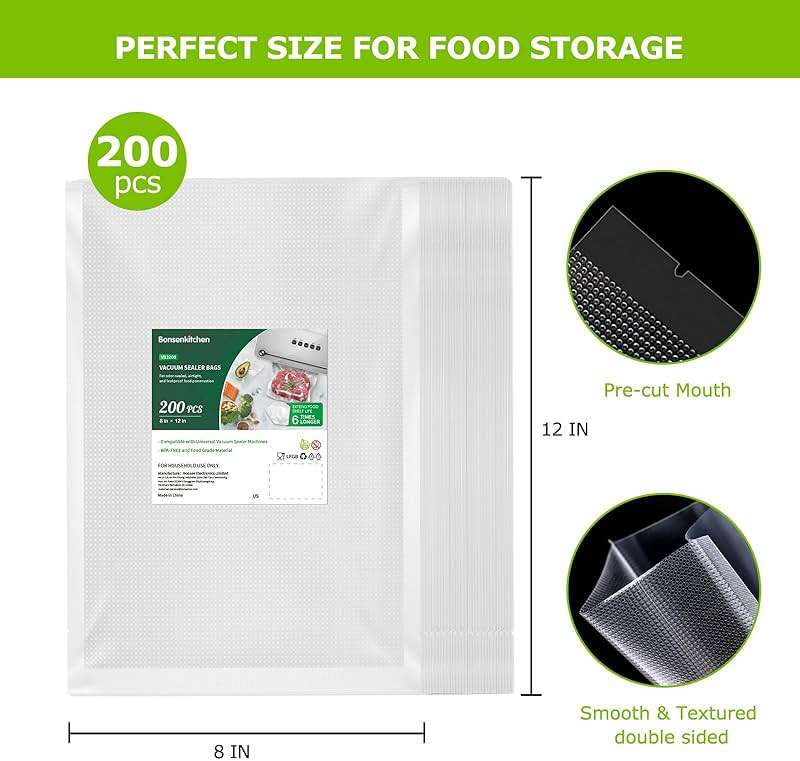 Bonsenkitchen Precut Vacuum Sealer Bags 200 Quart 8" x 12", BPA Free, Commercial Grade Textured Food Vacuum Sealer Bag, Thick Embossed Bags for Storage and Sous Vide Cooking VB3208 - Image 2