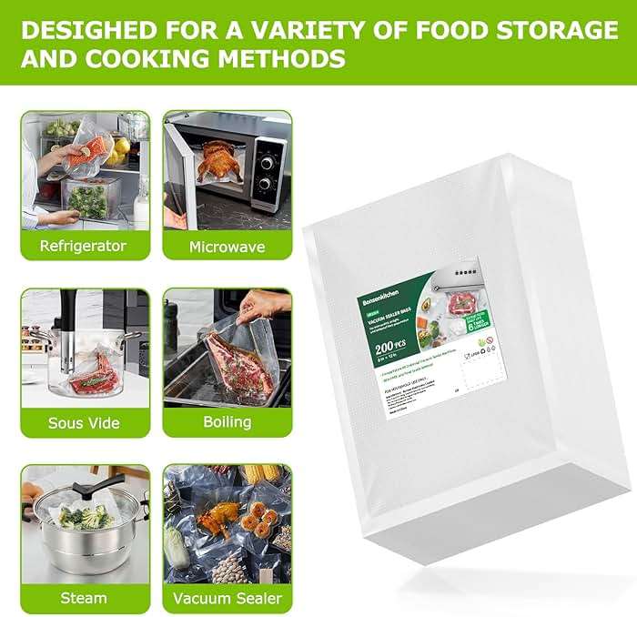 Bonsenkitchen Precut Vacuum Sealer Bags 200 Quart 8" x 12", BPA Free, Commercial Grade Textured Food Vacuum Sealer Bag, Thick Embossed Bags for Storage and Sous Vide Cooking VB3208 - Image 3