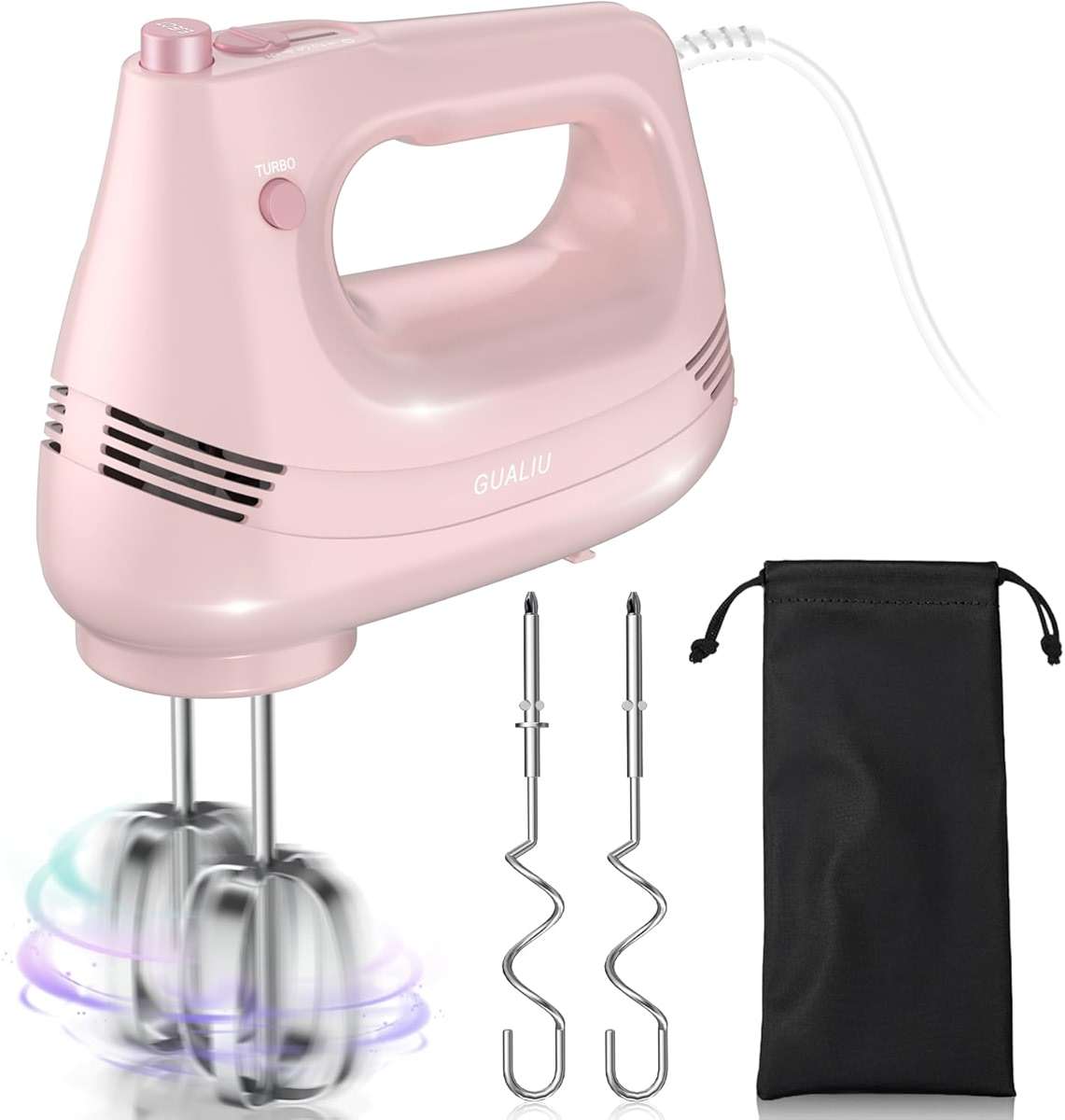 GUALIU Electric Hand Mixer with Stainless Steel Whisk, Dough Hook Attachment and Storage Bag, Handheld Mixer for Baking Cakes, Eggs, Cream Food Mixers. Turbo Boost /5 Speed Kitchen Blender PINK - Image 1