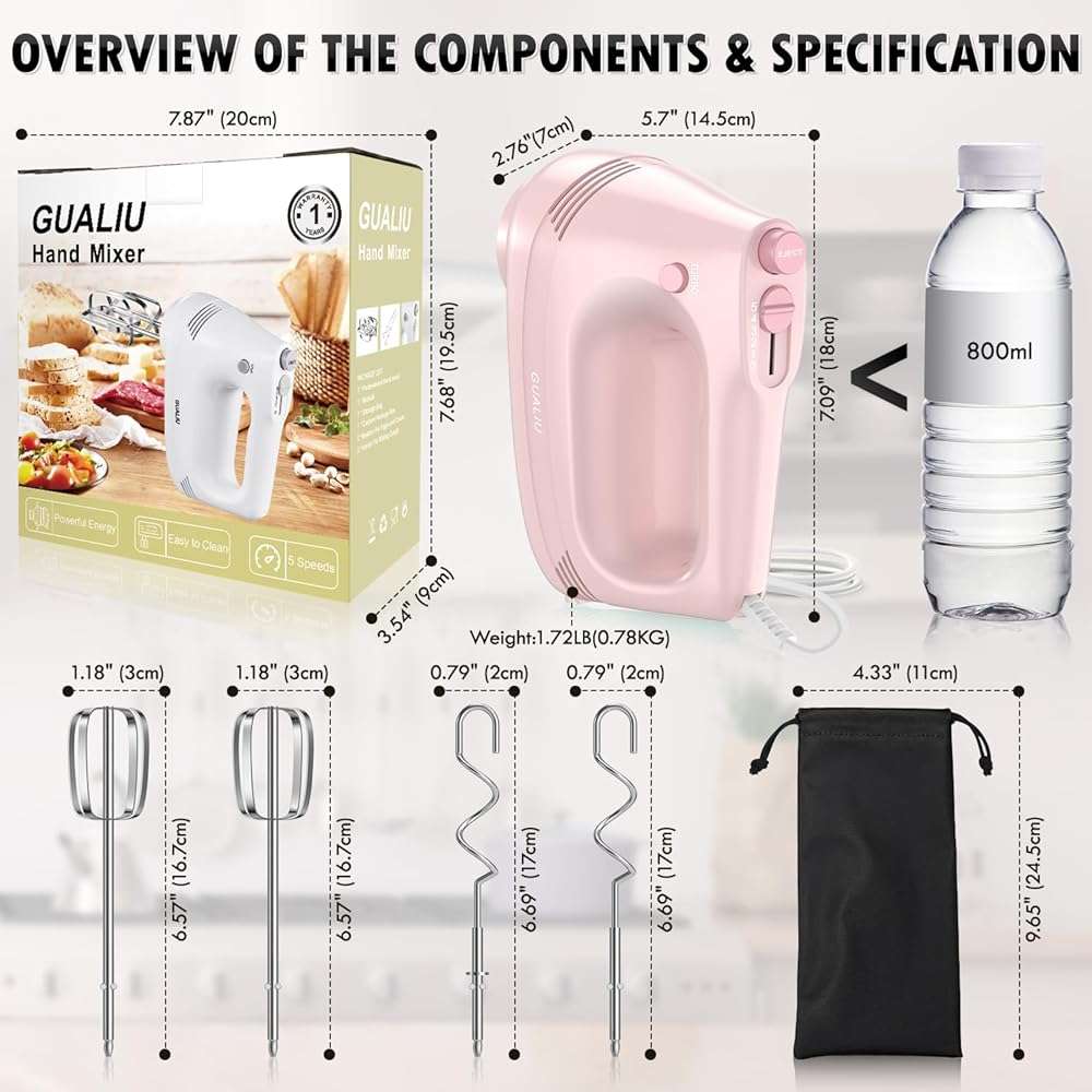 GUALIU Electric Hand Mixer with Stainless Steel Whisk, Dough Hook Attachment and Storage Bag, Handheld Mixer for Baking Cakes, Eggs, Cream Food Mixers. Turbo Boost /5 Speed Kitchen Blender PINK - Image 2
