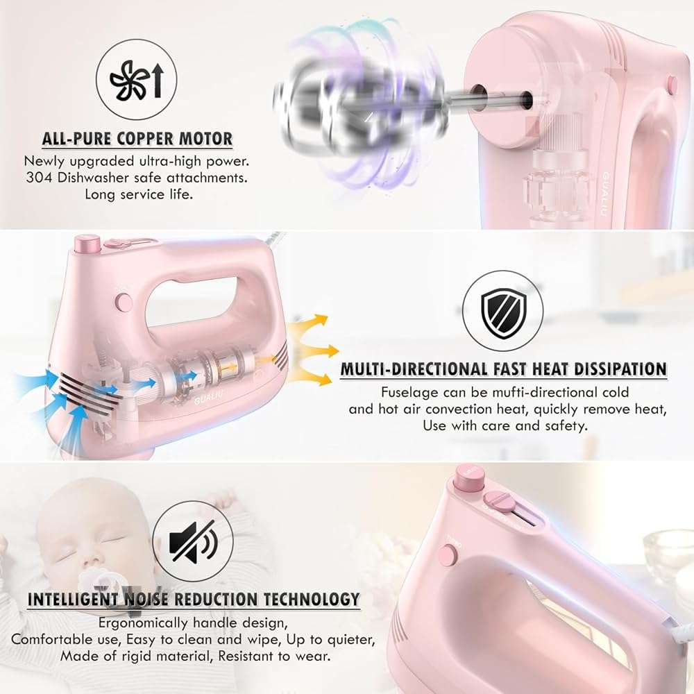 GUALIU Electric Hand Mixer with Stainless Steel Whisk, Dough Hook Attachment and Storage Bag, Handheld Mixer for Baking Cakes, Eggs, Cream Food Mixers. Turbo Boost /5 Speed Kitchen Blender PINK - Image 4