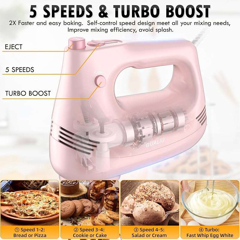 GUALIU Electric Hand Mixer with Stainless Steel Whisk, Dough Hook Attachment and Storage Bag, Handheld Mixer for Baking Cakes, Eggs, Cream Food Mixers. Turbo Boost /5 Speed Kitchen Blender PINK - Image 5