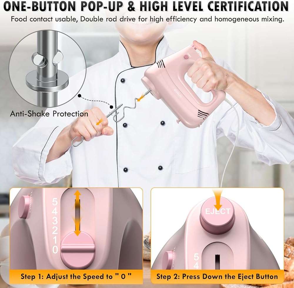 GUALIU Electric Hand Mixer with Stainless Steel Whisk, Dough Hook Attachment and Storage Bag, Handheld Mixer for Baking Cakes, Eggs, Cream Food Mixers. Turbo Boost /5 Speed Kitchen Blender PINK - Image 7