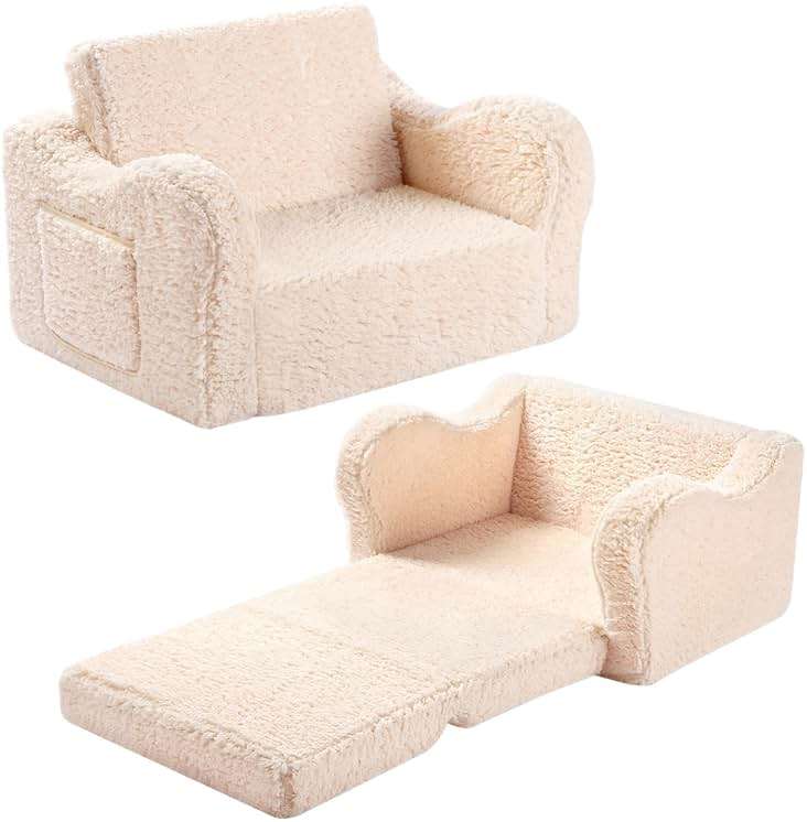MOMCAYWEX Kids Sofa, 2-in-1 Flip-Out Foam Couch with Soft Sherpa Cover, Cozy Play Lounge Chair, Cream - Image 1