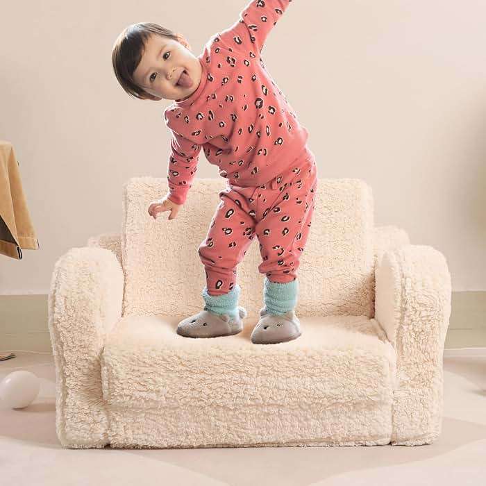 MOMCAYWEX Kids Sofa, 2-in-1 Flip-Out Foam Couch with Soft Sherpa Cover, Cozy Play Lounge Chair, Cream - Image 2