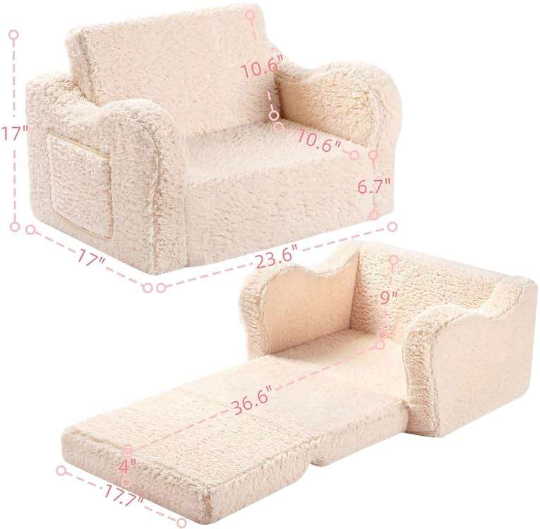 MOMCAYWEX Kids Sofa, 2-in-1 Flip-Out Foam Couch with Soft Sherpa Cover, Cozy Play Lounge Chair, Cream - Image 3