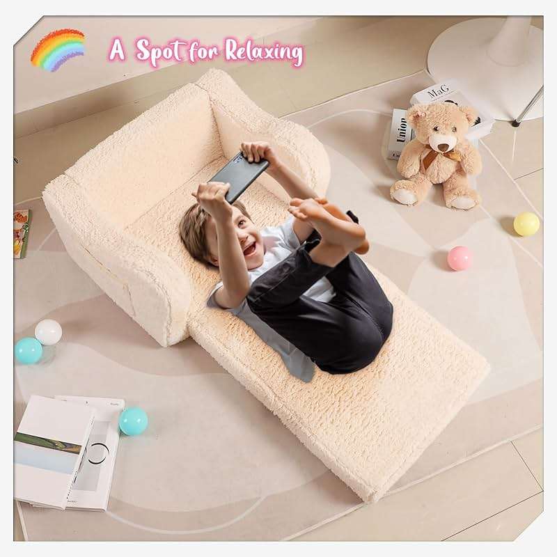 MOMCAYWEX Kids Sofa, 2-in-1 Flip-Out Foam Couch with Soft Sherpa Cover, Cozy Play Lounge Chair, Cream - Image 4