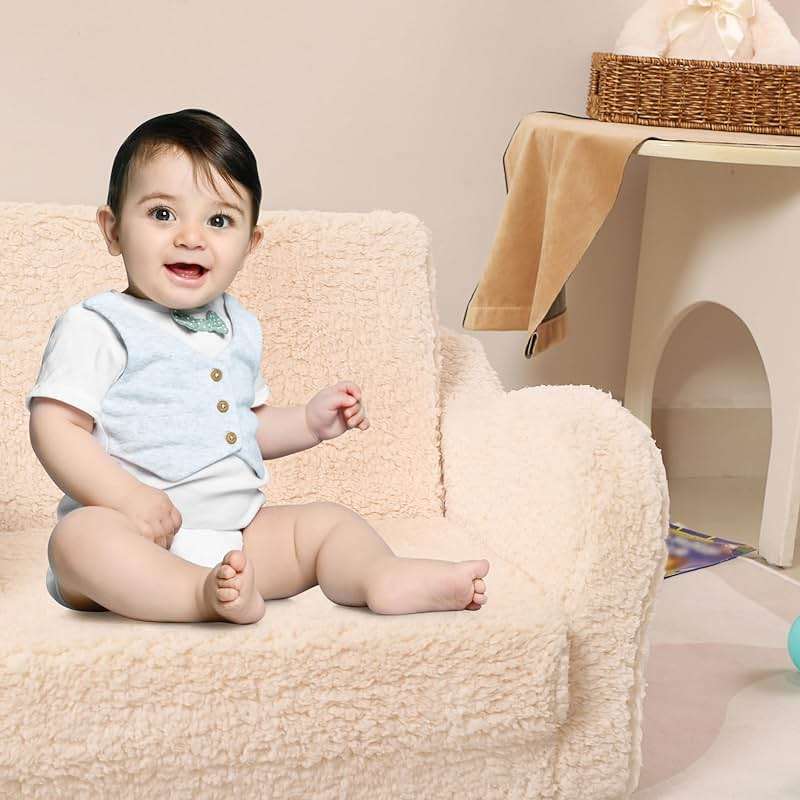 MOMCAYWEX Kids Sofa, 2-in-1 Flip-Out Foam Couch with Soft Sherpa Cover, Cozy Play Lounge Chair, Cream - Image 5