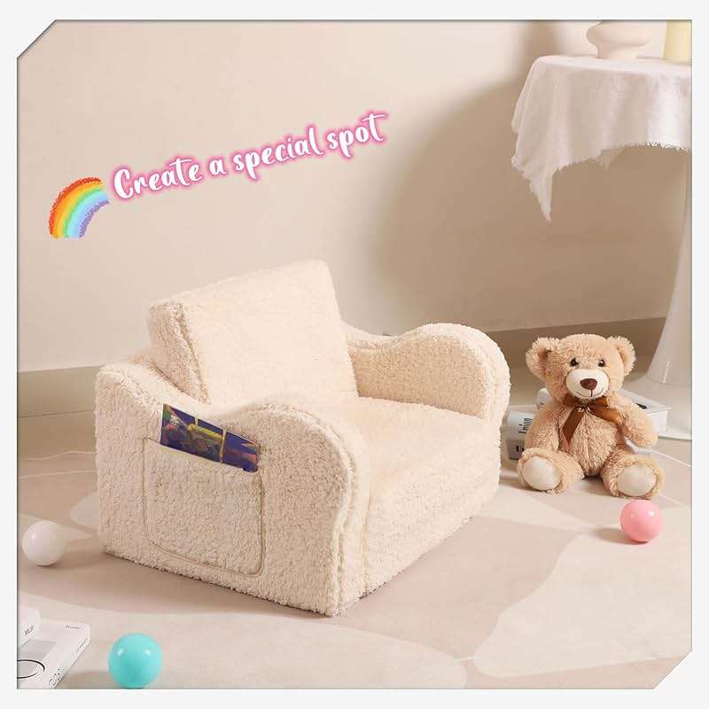 MOMCAYWEX Kids Sofa, 2-in-1 Flip-Out Foam Couch with Soft Sherpa Cover, Cozy Play Lounge Chair, Cream - Image 6