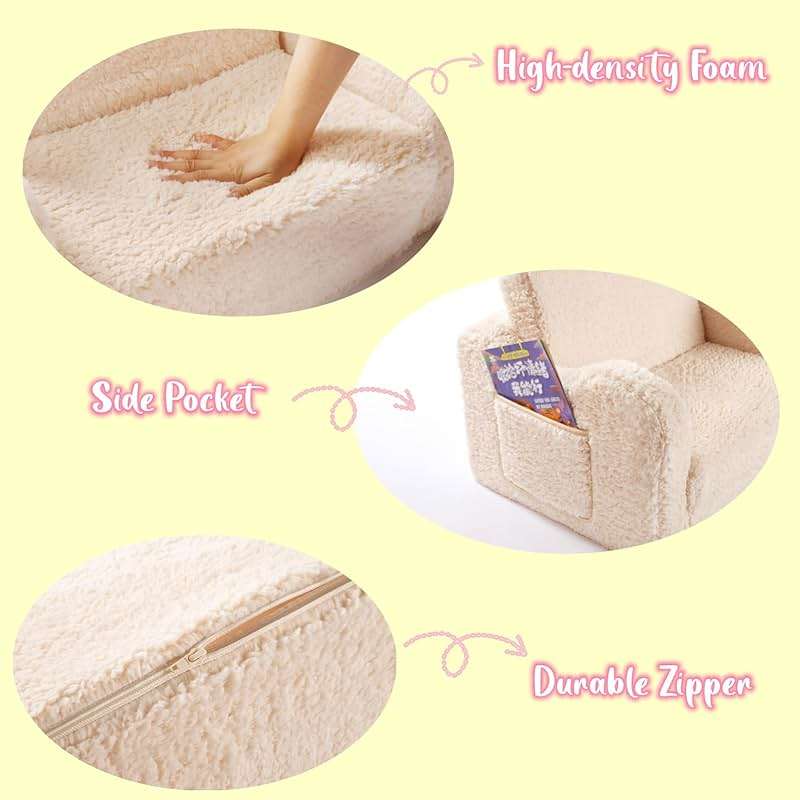 MOMCAYWEX Kids Sofa, 2-in-1 Flip-Out Foam Couch with Soft Sherpa Cover, Cozy Play Lounge Chair, Cream - Image 7