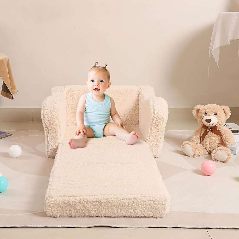 MOMCAYWEX Kids Sofa, 2-in-1 Flip-Out Foam Couch with Soft Sherpa Cover, Cozy Play Lounge Chair, Cream - Image 8