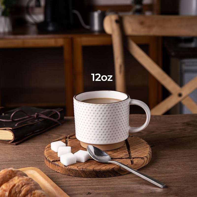 GBHOME 12OZ Stackable Coffee Mugs, Ceramic Coffee Mugs with Texture Patterns for Man,Woman,Dad,Mom, Modern Coffee Mugs Set of 4 for Latte/Cappuccino/Cocoa. Dishwasher&Microwave Safe, Off White - Image 2