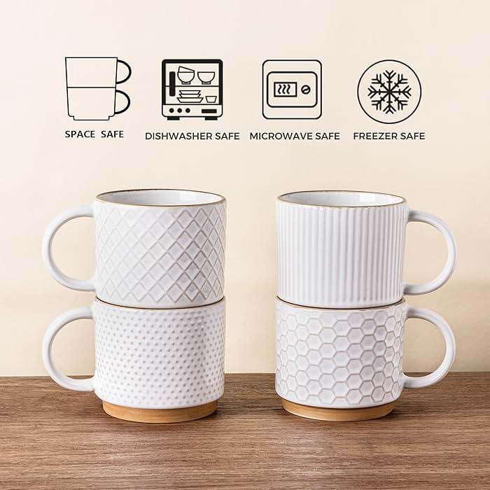 GBHOME 12OZ Stackable Coffee Mugs, Ceramic Coffee Mugs with Texture Patterns for Man,Woman,Dad,Mom, Modern Coffee Mugs Set of 4 for Latte/Cappuccino/Cocoa. Dishwasher&Microwave Safe, Off White - Image 6