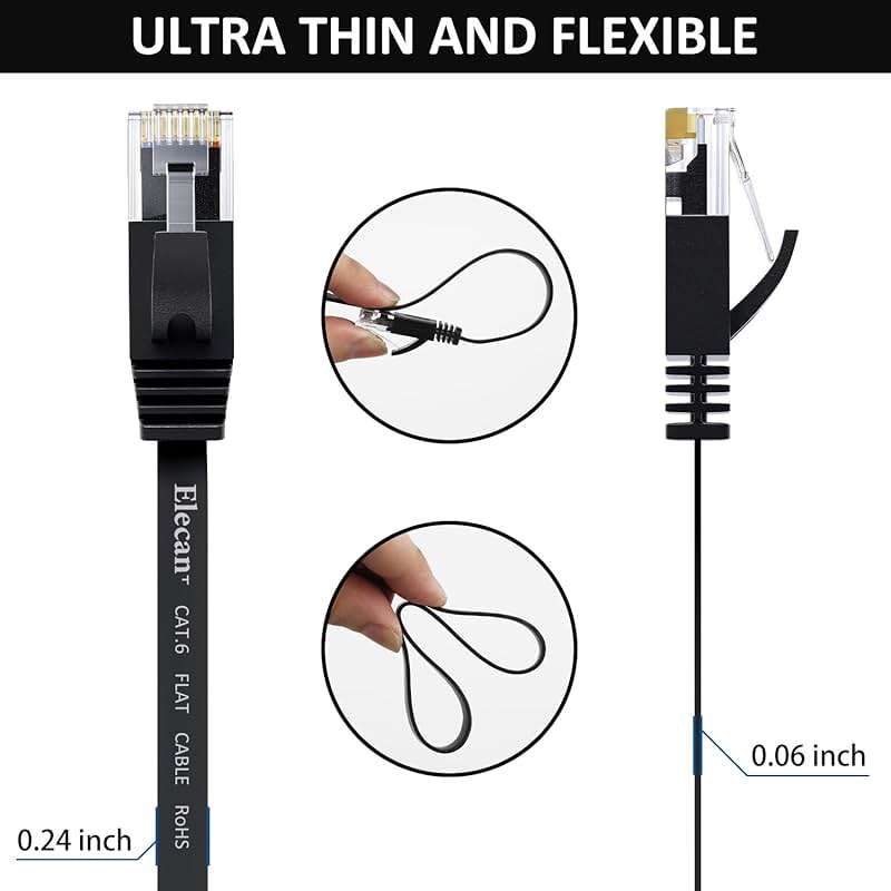Elecan Cat 6 Flat Ethernet Cable 1 Ft/20 Pack, High Speed Slim Short Patch Cables Internet Cables, 30 AWG Pure Copper 10Gbps 500MHz,Thin Flexible for POE Cat6 Cat 5e Cat 5 Network Cable Cord-Black - Image 4