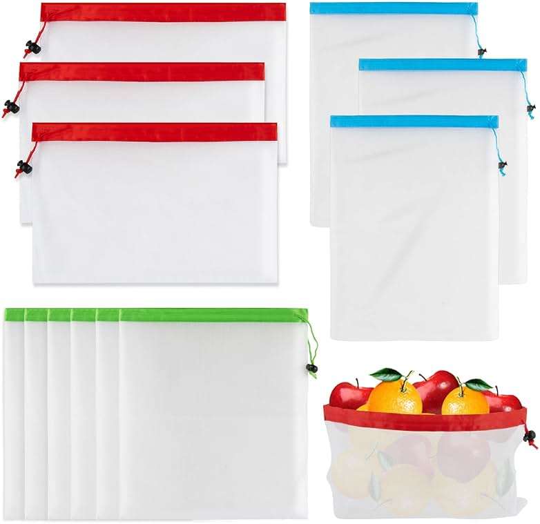 MAQIHAN 12PCS Reusable Produce Bags - Mesh Produce Bags Drawstring Reusable Washable Vegetable Storage Bags Refrigerator Keep Fresh Grocery Food Fruits Veggie Green Net Bag Toy Storage Zero Waste Shop - Image 1